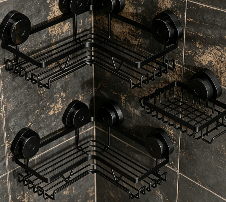 Black 3-Piece Suction Cup Corner Shelf – With Soap Dish and Hooks, No-Drill Bathroom Storage Rack - Image 2