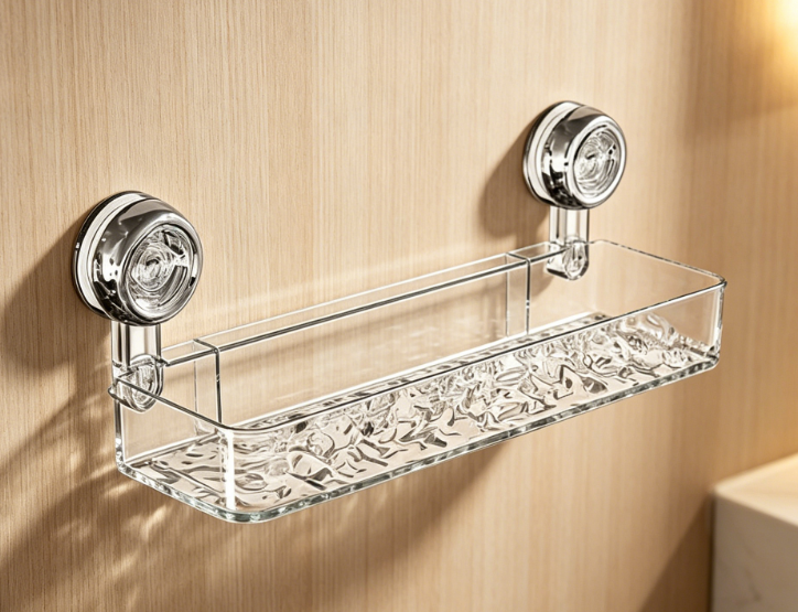 Transparent Corrugated Suction Cup Shower Rack – Suitable for kitchen, bathroom, and hotel walls; no-drill shower rack