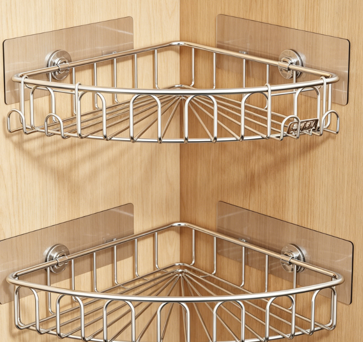 2-Pack Stainless Steel Corner Shower Rack – With Hooks, Adhesive Installation, No Drilling Required 90° Bathroom Corner Rack - Image 2