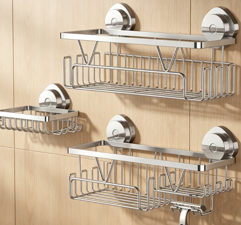 3-Piece Stainless Steel Suction Cup Shower Rack – Includes soap holder and hooks, rust-proof, no drilling required bathroom storage.