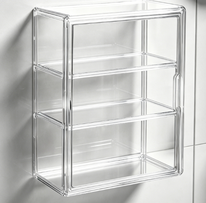 Transparent Self-Adhesive Small Wall-Mounted Cabinet – Waterproof Bathroom Medicine Cabinet with Removable Shelves, Farmhouse Style Storage Cabinet