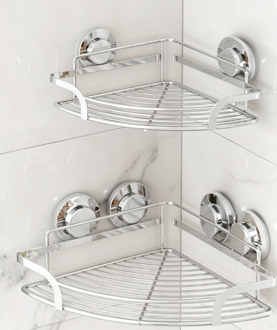 2-Piece Stainless Steel Suction Cup Shower Rack – Rust-Proof with Hooks, Large Capacity No-Drill Bathroom Storage Basket