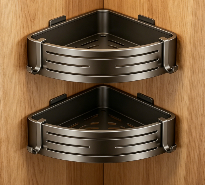Double-Layer Suction Cup Aluminum Shower Rack – With Hooks, No Drilling Required, Rustproof Indoor Floating Corner Shelf