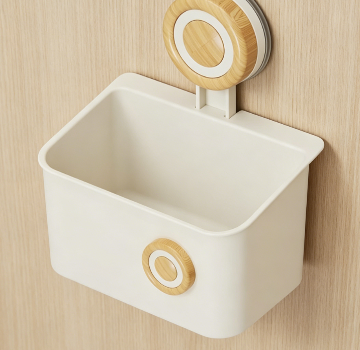 Natural wood suction cup plastic shower rack – with drain box, vacuum suction type, suitable for bathrooms, kitchens, RVs, and hotels