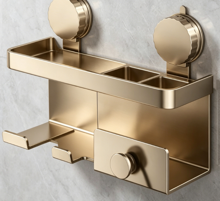 Suction cup aluminum hair dryer holder – with two cups and shelf, rust-proof, no drilling required for bathroom tool storage. - Image 2