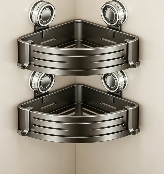 Double-Layer Suction Cup Aluminum Shower Rack – With Hooks, No Drilling Required, Rustproof Indoor Floating Corner Shelf - Image 2