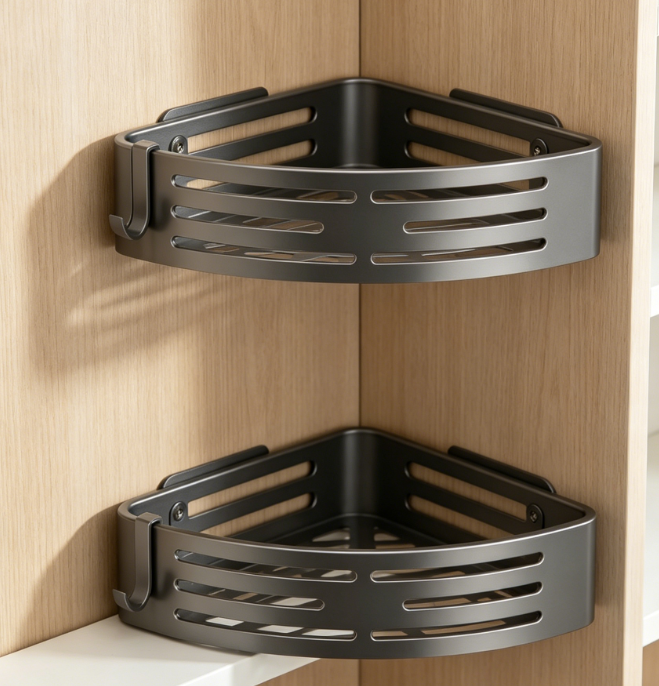 2-Piece Suction Cup Corner Shelf – Waterproof and Rustproof with Hooks, No Drilling Required, Removable Bathroom Shelf