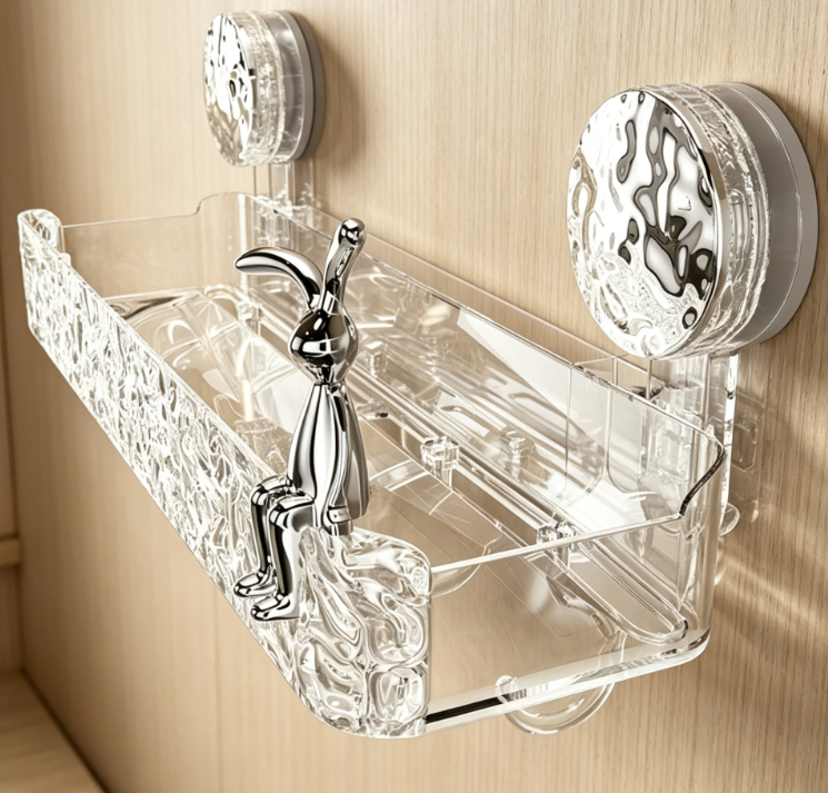 Transparent Suction Cup Shower Basket – With 4 movable hooks, no-drill bathroom wall-mounted storage rack