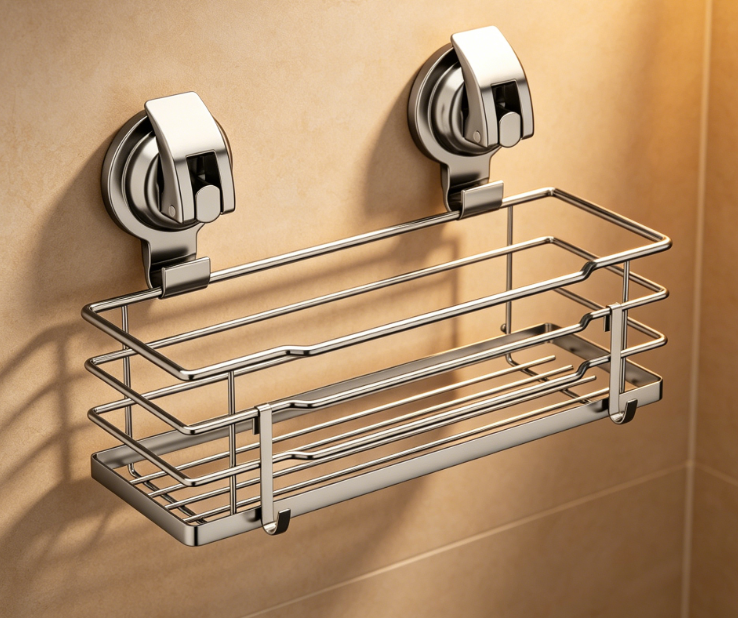 304 Stainless Steel Suction Cup Shower Rack – Includes hooks, soap dish, and razor sponge holder; rust-proof and drill-free.