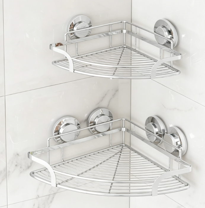 2-Piece Stainless Steel Suction Cup Shower Rack – Rust-Proof with Hooks, Large Capacity No-Drill Bathroom Storage Basket - Image 2