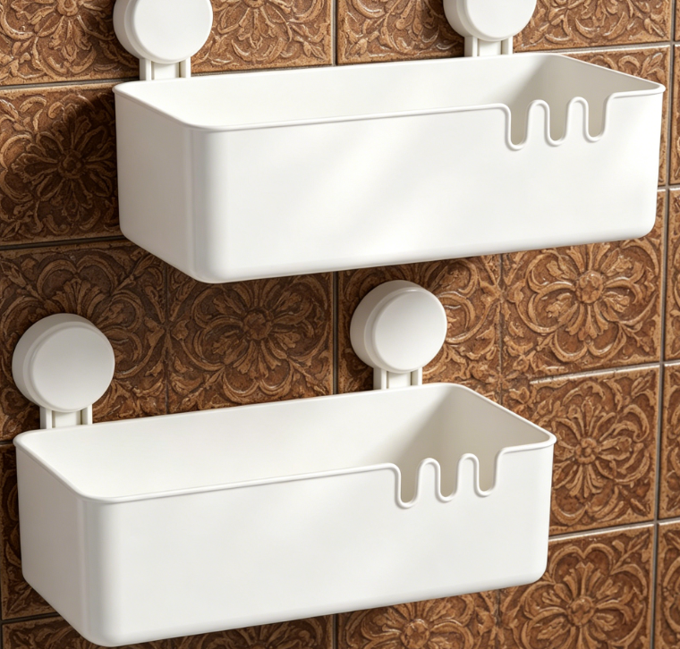 2-Piece Plastic Suction Cup Shower Rack – Drill-Free Removable, Waterproof, 22 lbs Load Capacity, One-Second Installation - Image 2