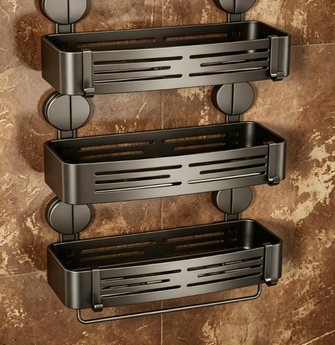 Matte 3-Piece Heavy-Duty Suction Cup Shower Rack – With Towel Bar and Hooks, Drill-Free Bathroom Storage Rack - Image 2