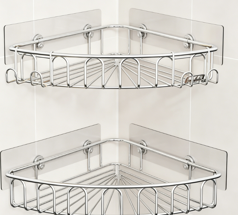 2-Pack Stainless Steel Corner Shower Rack – With Hooks, Adhesive Installation, No Drilling Required 90° Bathroom Corner Rack