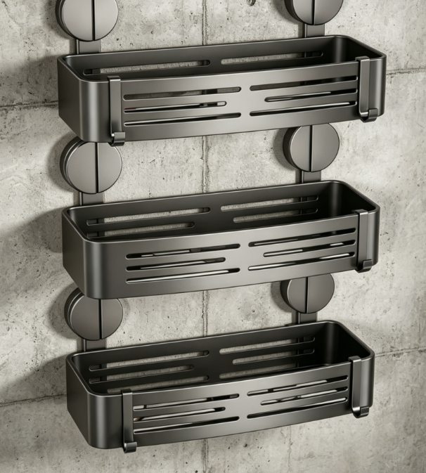 Matte 3-Piece Heavy-Duty Suction Cup Shower Rack – With Towel Bar and Hooks, Drill-Free Bathroom Storage Rack