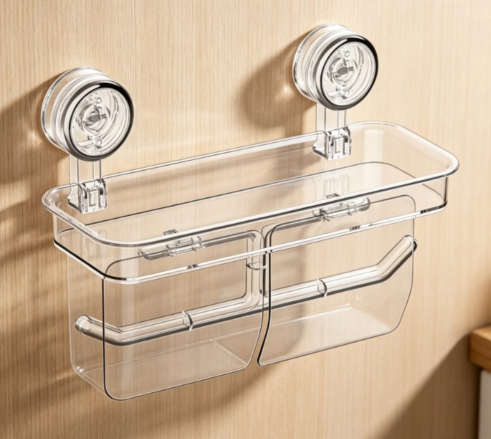 Transparent suction cup toilet paper holder – with shelf for two rolls, no drilling required for bathroom, kitchen, or RV storage.