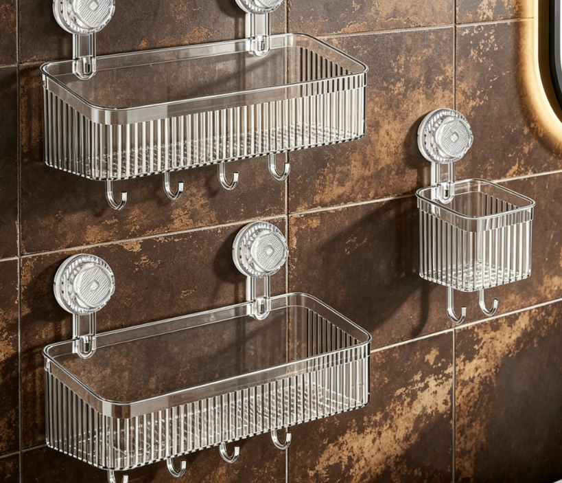 Transparent 3-Piece Suction Cup Shower Rack – With removable hooks and toothbrush holder, no-drill bathroom/kitchen wall-mounted rack