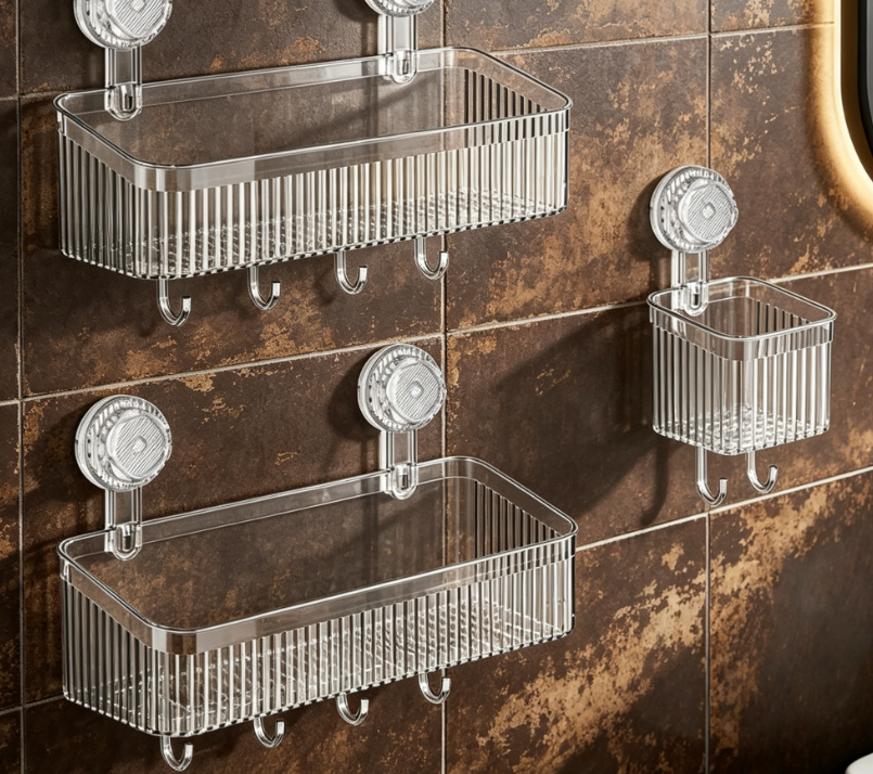 Transparent 3-Piece Suction Cup Shower Rack – With removable hooks and toothbrush holder, no-drill bathroom/kitchen wall-mounted rack - Image 2
