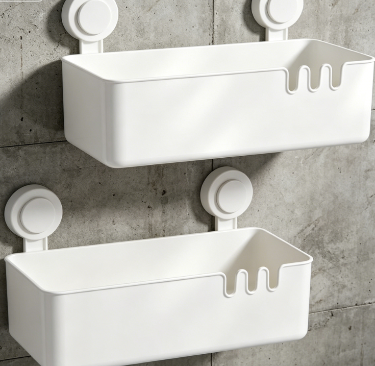 2-Piece Plastic Suction Cup Shower Rack – Drill-Free Removable, Waterproof, 22 lbs Load Capacity, One-Second Installation