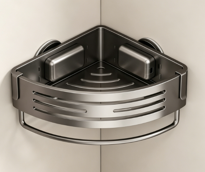 Aluminum Suction Cup Shower Rack – With Towel Bar and Hooks, No Drilling Required, Removable Bathroom Storage Rack