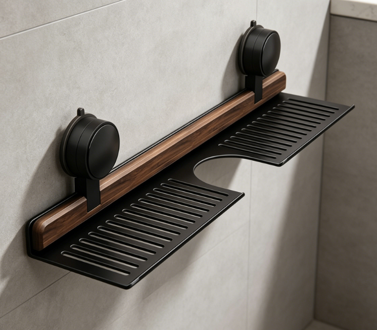 Walnut suction cup shelf – 40cm wall-mounted tray, no-drill bathroom sink kitchen storage rack