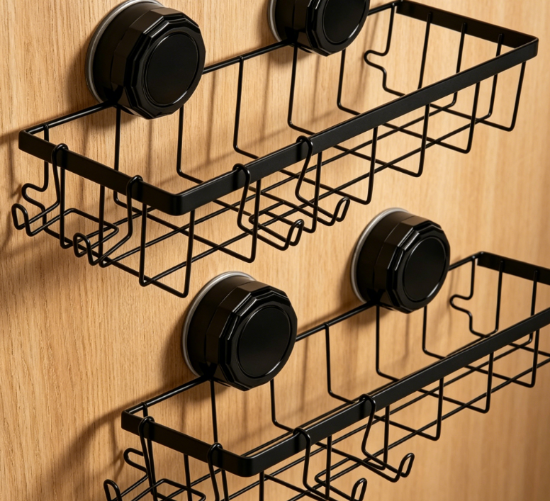 Heavy Duty Suction Cup Shower Rack – Metal Storage Basket with Hooks, Large Capacity Bathroom Shelf, No Drilling Required