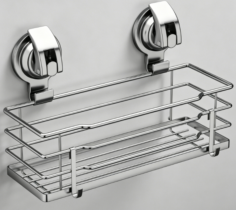 304 Stainless Steel Suction Cup Shower Rack – Includes hooks, soap dish, and razor sponge holder; rust-proof and drill-free. - Image 2