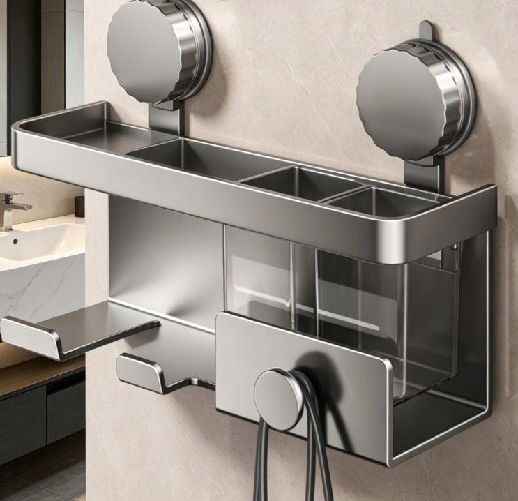 Suction cup aluminum hair dryer holder – with two cups and shelf, rust-proof, no drilling required for bathroom tool storage.