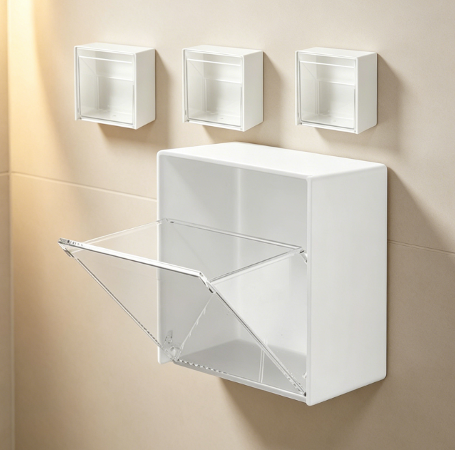 4-Piece Wall-Mounted Flip-Top Storage Box – With Dust Cover, Bathroom/Office Use, for storing cotton swabs and hair ties