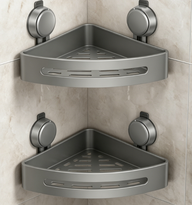 Upgraded Suction Cup Corner Shower Rack – With Hooks, No Drilling Required, Waterproof, Rustproof, Removable Bathroom Storage