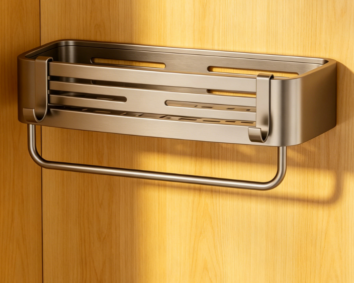 Suction Cup Corner Shower Rack – No drilling required, rust-proof, with 6 portable hooks and towel bar, detachable bathroom storage