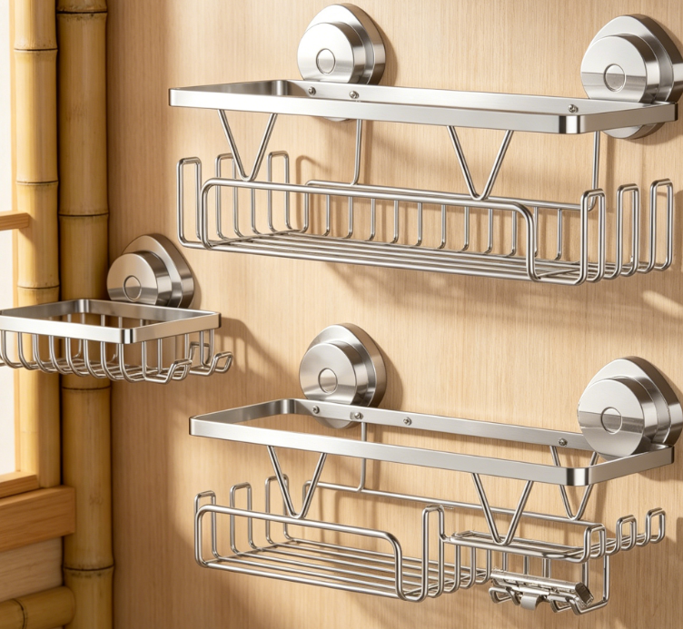 3-Piece Stainless Steel Suction Cup Shower Rack – Includes soap holder and hooks, rust-proof, no drilling required bathroom storage. - Image 2