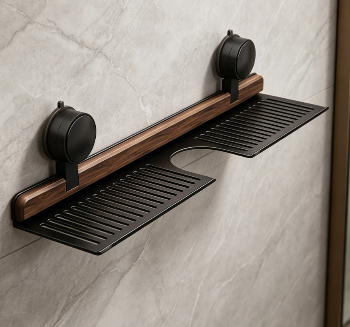 Walnut suction cup shelf – 40cm wall-mounted tray, no-drill bathroom sink kitchen storage rack - Image 2