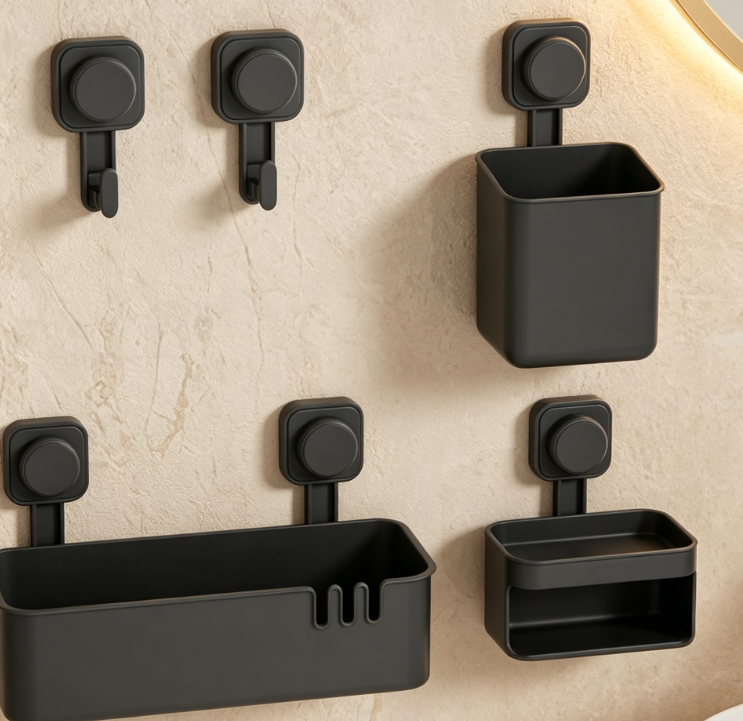 5-Piece Suction Cup Bathroom Storage Set – Includes shelf, soap holder, toothbrush cup, and 2 hooks; modern style.