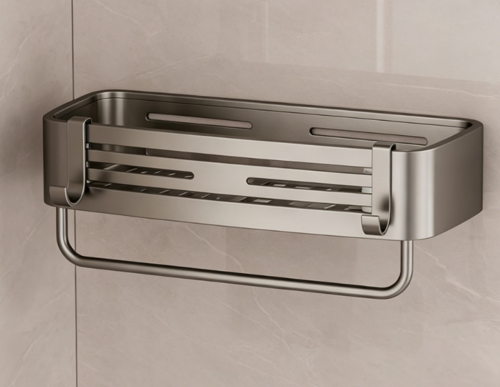 Suction Cup Corner Shower Rack – No drilling required, rust-proof, with 6 portable hooks and towel bar, detachable bathroom storage - Image 2