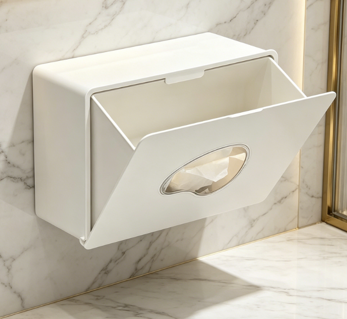 Wall-mounted concealed hygiene product box – waterproof with lid, for tampons/sanitary napkins storage.