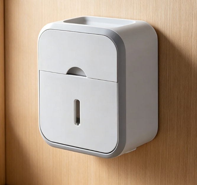 Wall-mounted Toilet Paper Holder – Waterproof multi-functional bathroom storage rack with lid, rust-proof coating - Image 2