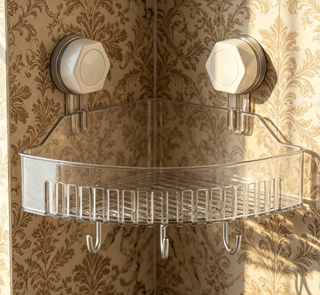 Large Capacity Suction Cup Bathroom Storage Box – With Drain Hole, No-Drill Removable Kitchen Corner Shelf